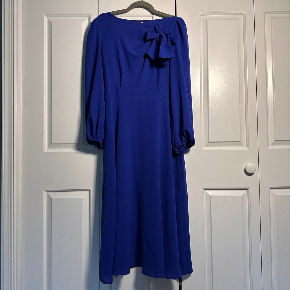 Royal Blue Bow Shoulder Puff Sleeve Midi Dress XL Cocktail Wedding Guest
